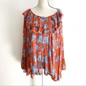 Free People Loretta Orange Blue Floral Print Boho Tunic Top Size M